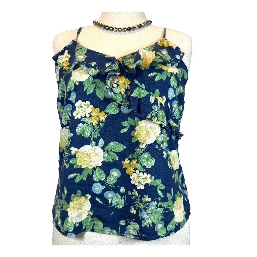 Old Navy Linen Blend Boho Floral Ruffle Cami Women's Medium Blue Yellow Spring